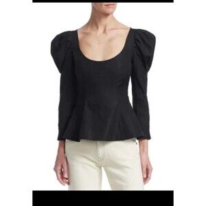 KHAITE Sz Medium Black Nina Scoop Neck Puff Sleeve Ruffle Cotton Top